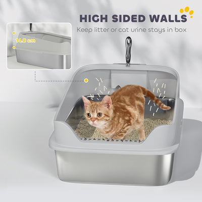 PawHut XXL Stainless Steel Cat Litter Box with High Sides, Metal Scoop, 70 x 50 x 30 cm 