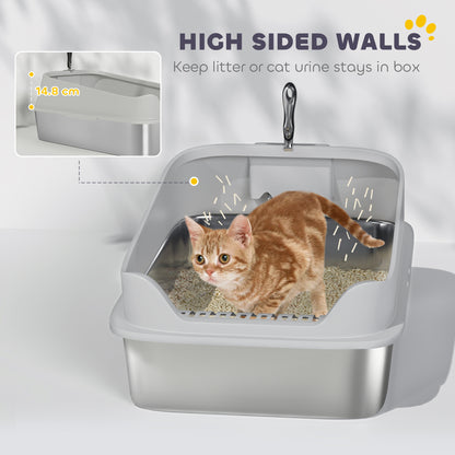 PawHut XXL Stainless Steel Cat Litter Box with High Sides, Metal Scoop, 70 x 50 x 30 cm