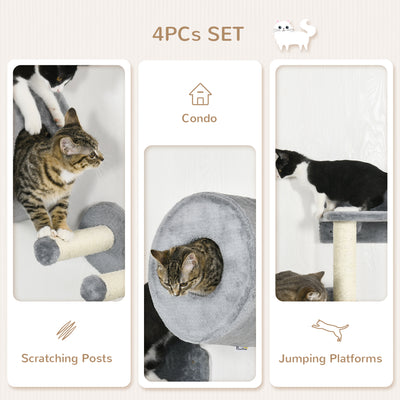 PawHut 4PCs Wall-Mounted Cat Tree, with Steps, Perch, Cat House - Grey 