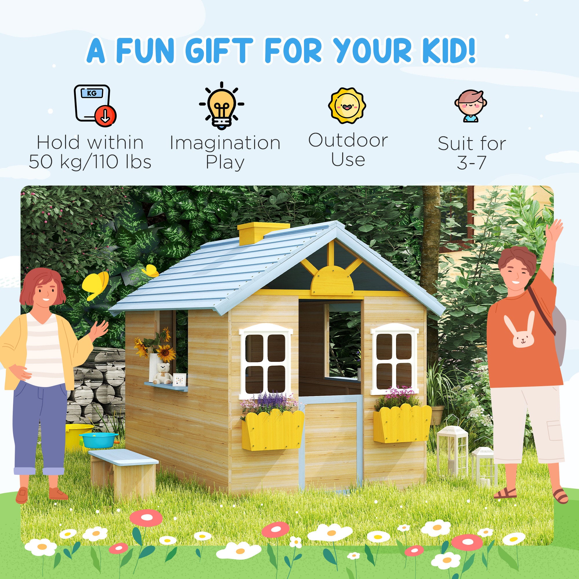 Outsunny Wooden Playhouse, Wendy House w/ Door, Bench, Flowerpot Holder, For Ages 3-7 Years, Blue 