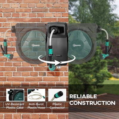 Outsunny Retractable Hose Reel Wall Mounted, 30+2m Garden Hose Pipe Reel with Lock, Auto Rewind, 7 in 1 Spray Nozzle, Includes Wall Fixings, 180° Swivel, Outdoor Watering, 59 x 23 x 42 cm, Green 