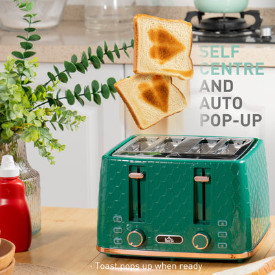 HOMCOM Kettle and Toaster Set, 1.7L 3000W Fast Boil Jug Kettle with Auto Shut Off, 4 Slice Toaster with 7 Level Browning Controls & Crumb Tray, Green 
