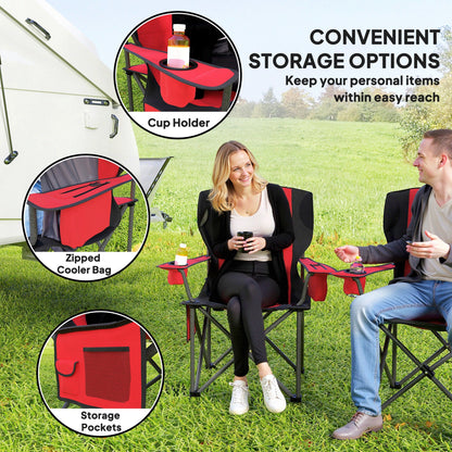 Outsunny Set of 2 Folding Camping Chairs, Padded Camping Chairs with Adjustable Armrests, Portable & Lightweight Folding Camp Chair with Cooler Bag, Cup Holder and Side Pockets, Red 