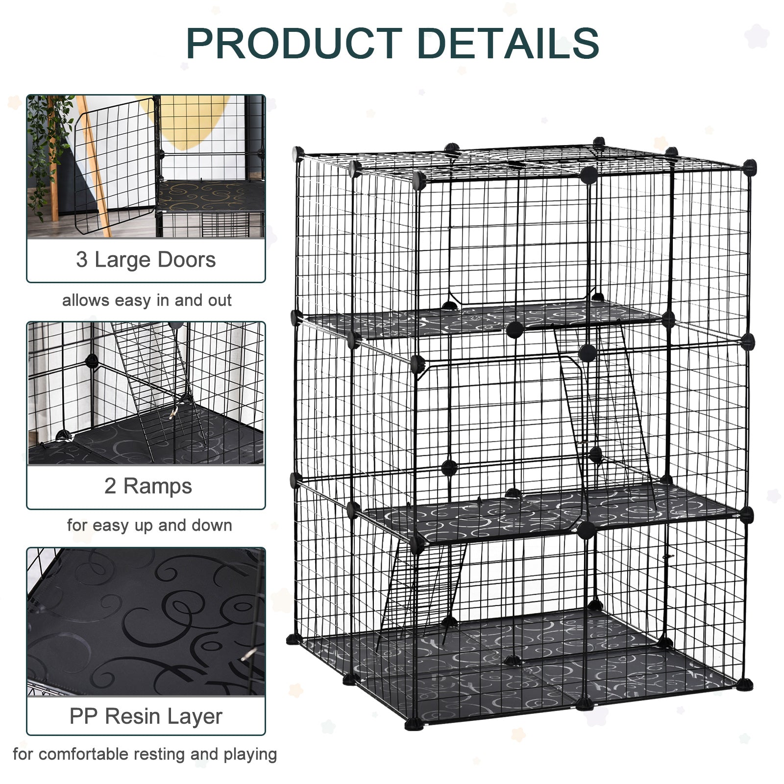 PawHut Pet Playpen DIY Small Animal Cage Enclosure Metal Wire Fence 39 Panels with 3 Doors 2 Ramps for Kitten Bunny Chinchilla Pet Mink Black 