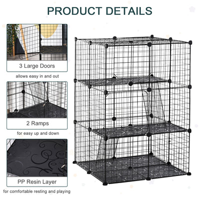 PawHut Pet Playpen DIY Small Animal Cage Enclosure Metal Wire Fence 39 Panels with 3 Doors 2 Ramps for Kitten Bunny Chinchilla Pet Mink Black 