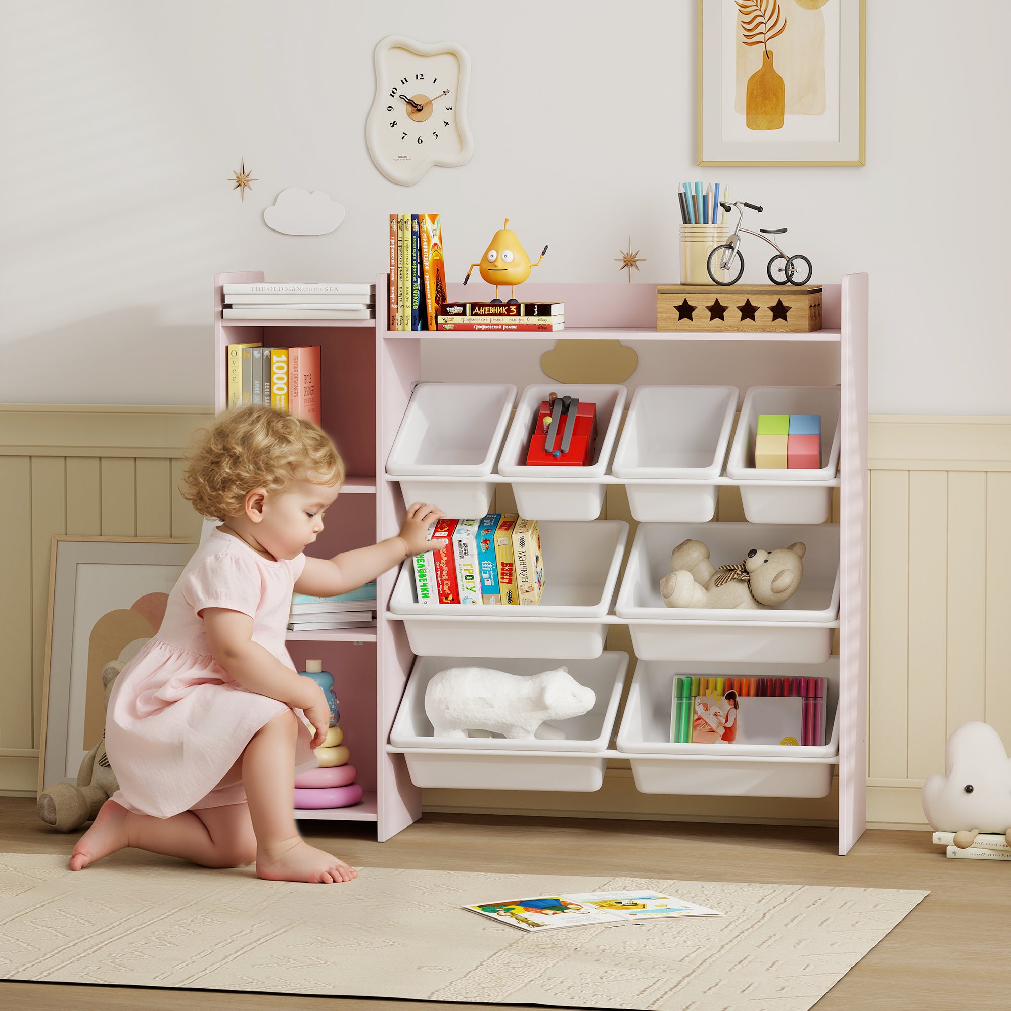 AIYAPLAY Toy Storage Unit with 8 Removable Bins, Storage Shelves, Cabinet, Pink 