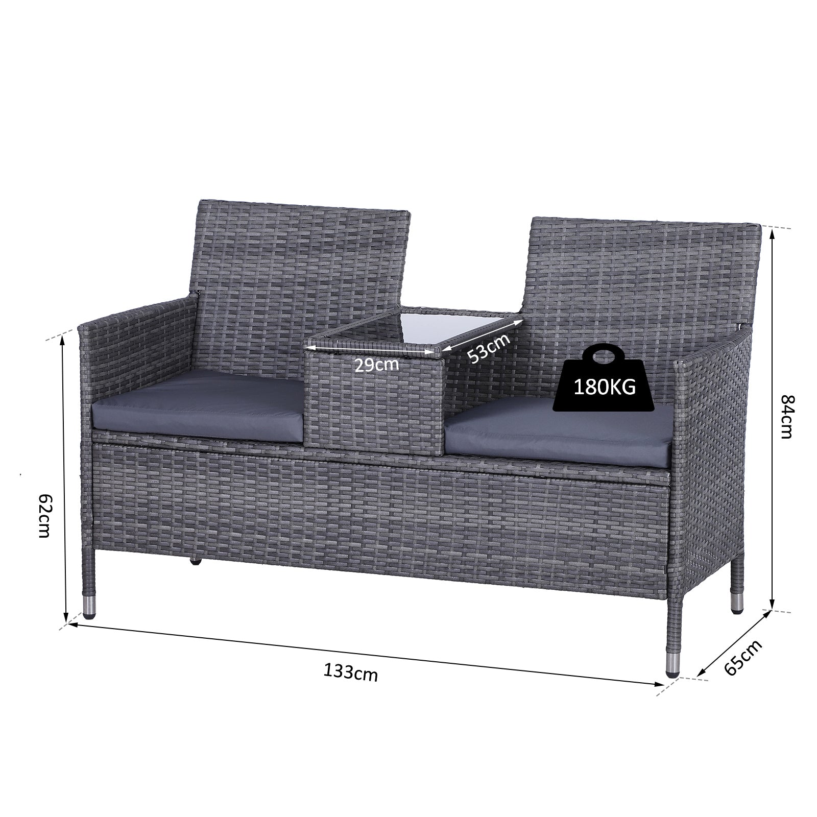 Outsunny 2-Seater PE Rattan Outdoor Garden Bench w/ Centre Table Grey 