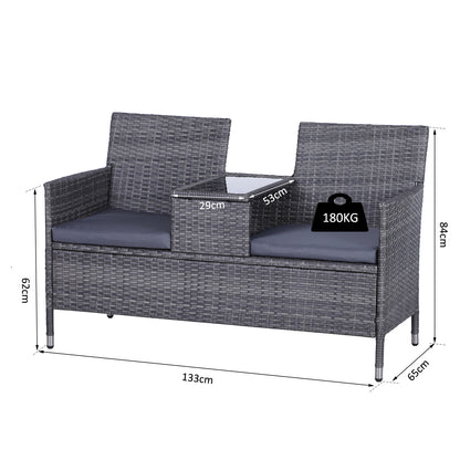 Outsunny 2-Seater PE Rattan Outdoor Garden Bench w/ Centre Table Grey 