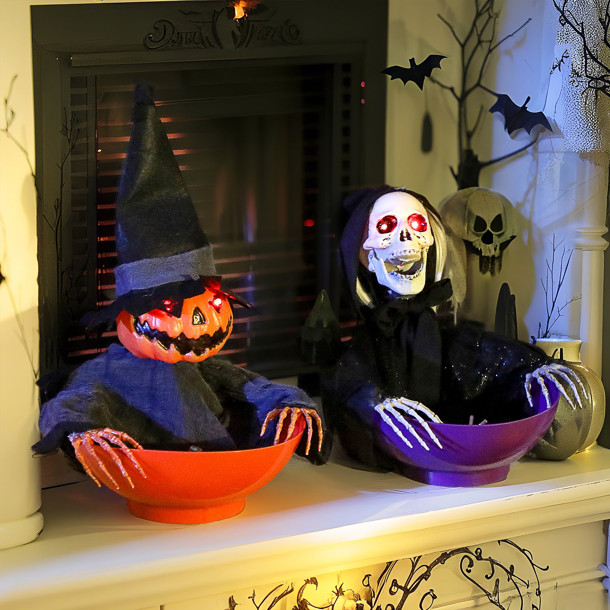 Outsunny 2pcs Animated Halloween Skull Bowl, Skeleton Ghost Skull Candy Dish with LED Eyes, Moving Body and Creepy Sound for Party Decoration, Festival Haunted Houses