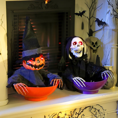 Outsunny 2pcs Animated Halloween Skull Bowl, Skeleton Ghost Skull Candy Dish with LED Eyes, Moving Body and Creepy Sound for Party Decoration, Festival Haunted Houses