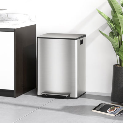 HOMCOM 60L Dual Compartment Stainless Steel Bin, with Deodoriser Holders - Silver Tone 