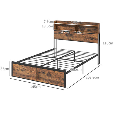 HOMCOM Industrial Double Bed Frame, 4.8FT Steel Bed Base with Storage Headboard, Footboard, Slatted Support and Under Bed Storage, 145 x 209cm, Rustic Brown 