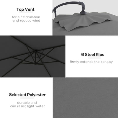 Outsunny 3(m) Cantilever Overhanging Parasol, with Cross Base - Grey 