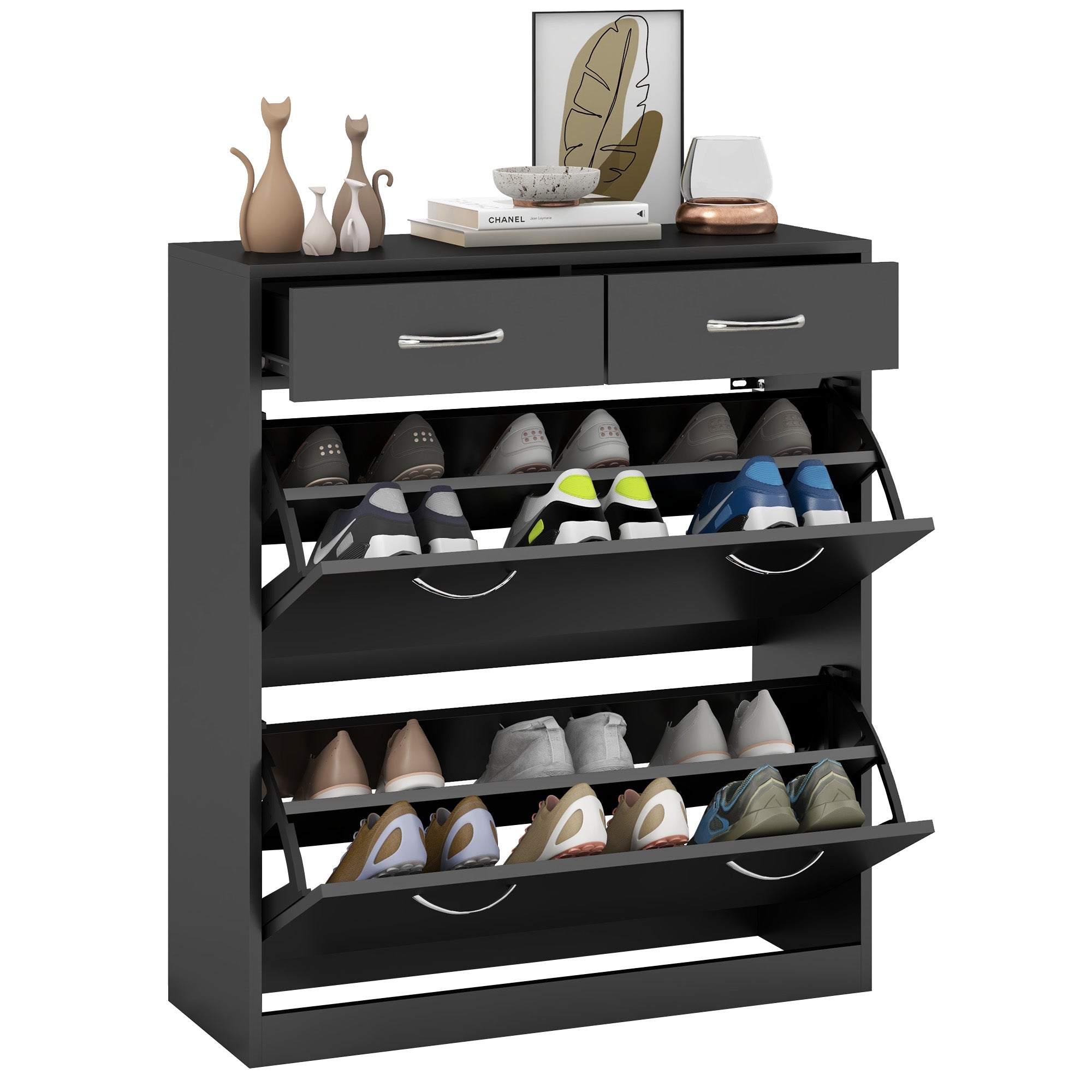 HOMCOM Narrow Shoe Storage with 2 Flip Drawers and Adjustable Shelves Shoe Cabinet Organizer for 12 Pairs of Shoes, Black 