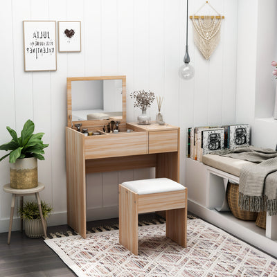 HOMCOM Makeup Desk with Drawer, Vanity Table Set with Flip-up Mirror and Cushioned Stool, Natural 