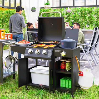 Outsunny 3+1 Burner Gas BBQ Grill with Storage Cabinet and Shelves, 11.6 kW Gas Barbecue Trolley with 6 Castor Wheels, Warming Rack, Thermometer for Outdoor Cooking Garden Party, Black 