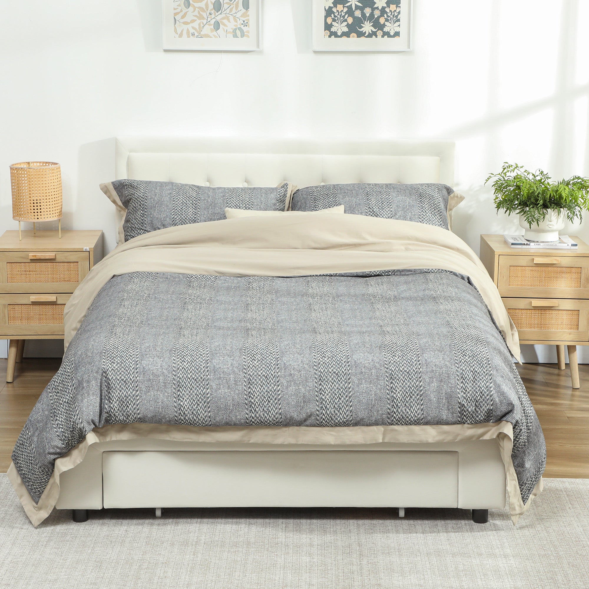 HOMCOM Double Ottoman Bed Frame, with Front Drawer - Cream