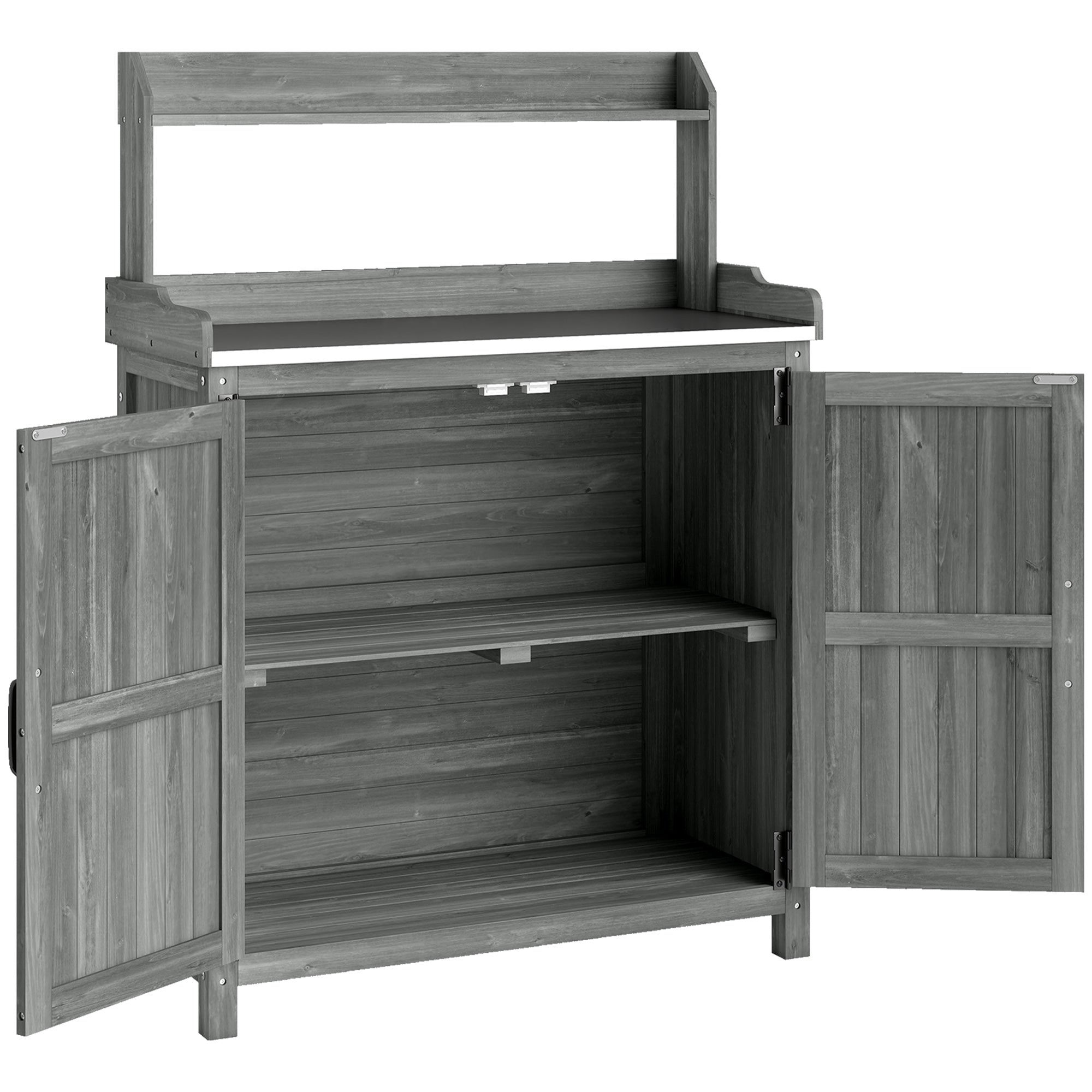 Outsunny Wooden Potting Bench Table with Aluminium Worktop, Outdoor Garden Workbench with Top Shelf and Cabinet Storage 