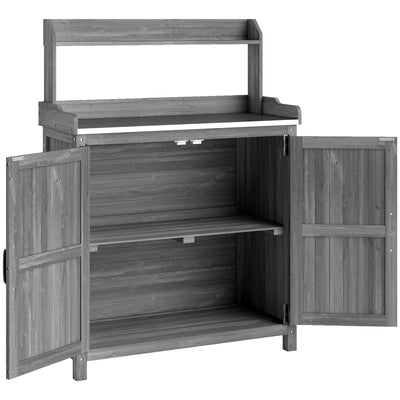 Outsunny Wooden Potting Bench Table with Aluminium Worktop, Outdoor Garden Workbench with Top Shelf and Cabinet Storage 