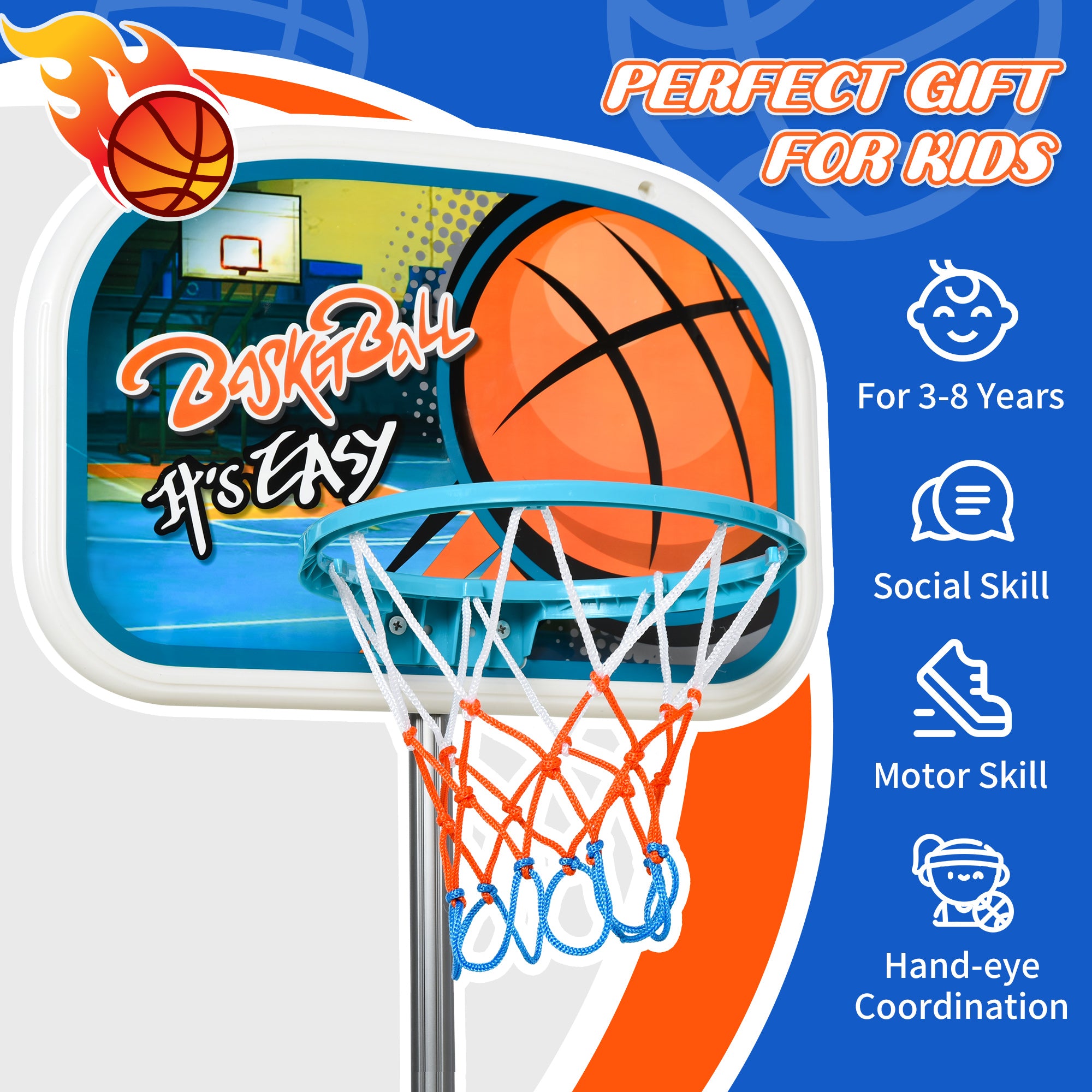 HOMCOM Kids Basketball Hoop and Stand Portable Basketball Stand Set w/ Ball Pump Netting Backboard Adjustable Height from 126 cm to 158 cm 