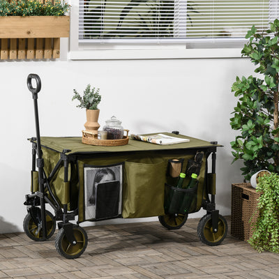 Outsunny Folding Garden Trolley, Cargo Trailer on Wheels, Collapsible Camping Trolley with Folding Board, Outdoor Utility Wagon with Steel Frame and Oxford Fabric, Green 