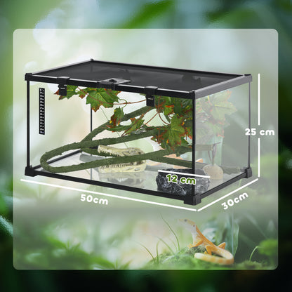 PawHut Glass Reptile Terrarium with Decor Kit, Breeding Tank with Thermometer for Small Animals, 50 x 30 x 25cm, Heated - Black 