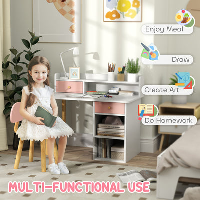 AIYAPLAY 2 Pieces Children Study Table with Hutch, Kids Desk and Chair Set with Storage Drawer, Shelves - Pink 