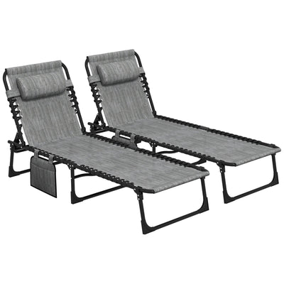 Outsunny Portable Sun Lounger Set of 2, Folding Camping Bed Cot, Reclining Lounge Chair 5-position Adjustable Backrest with Side Pocket, Pillow for Patio Garden Beach Pool, Mixed Grey 