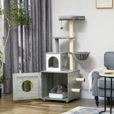 PawHut Enclosed Cat Litter Box with Cat House, Cat Bed, Scratching Posts, Platforms, for Indoor Cats - Grey 