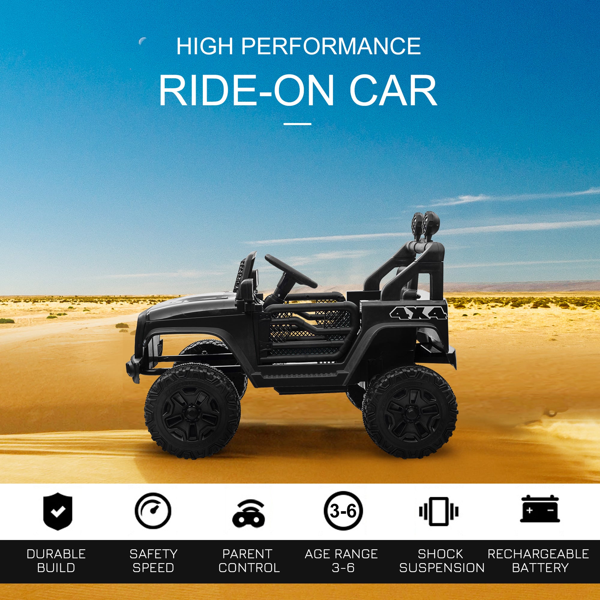 HOMCOM Kids Electric Ride On Car 12V Off Road Toy with Parental Remote Control 2 Motors Horn Lights Suspension Wheels for 3-6 Years Old Black 