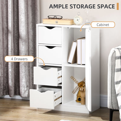 HOMCOM Bathroom Cabinet, Freestanding Storage Cabinet with 4 Drawers, Door Cupboard for Living Room, Kitchen, Bedroom, White 