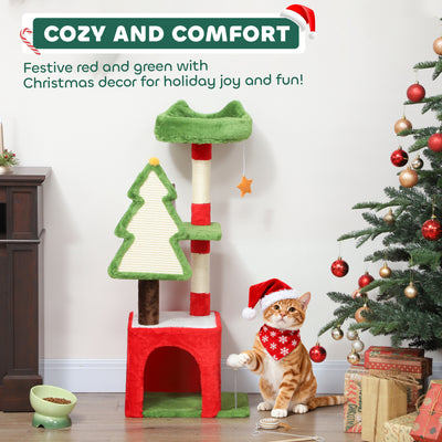 PawHut Christmas Cat Tree, 120cm Cat Tower with Scratching Post & Board, Platform, Toys, Green 