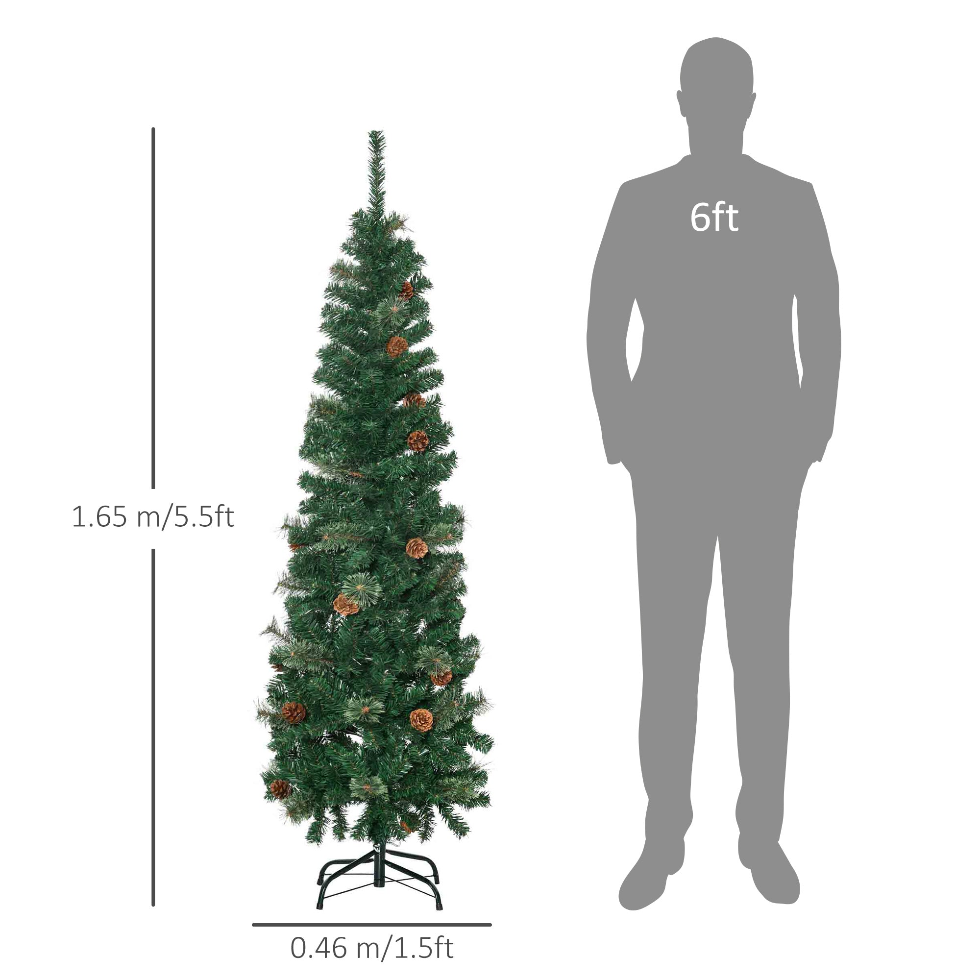 HOMCOM 5.5FT Tall\'c2\'a0Pencil Slim Artificial Christmas Tree with\'c2\'a0Realistic\'c2\'a0Branches, Tip Count and Pine Cones, Pine Needles Tree, Xmas\'c2\'a0Decoration, Green
