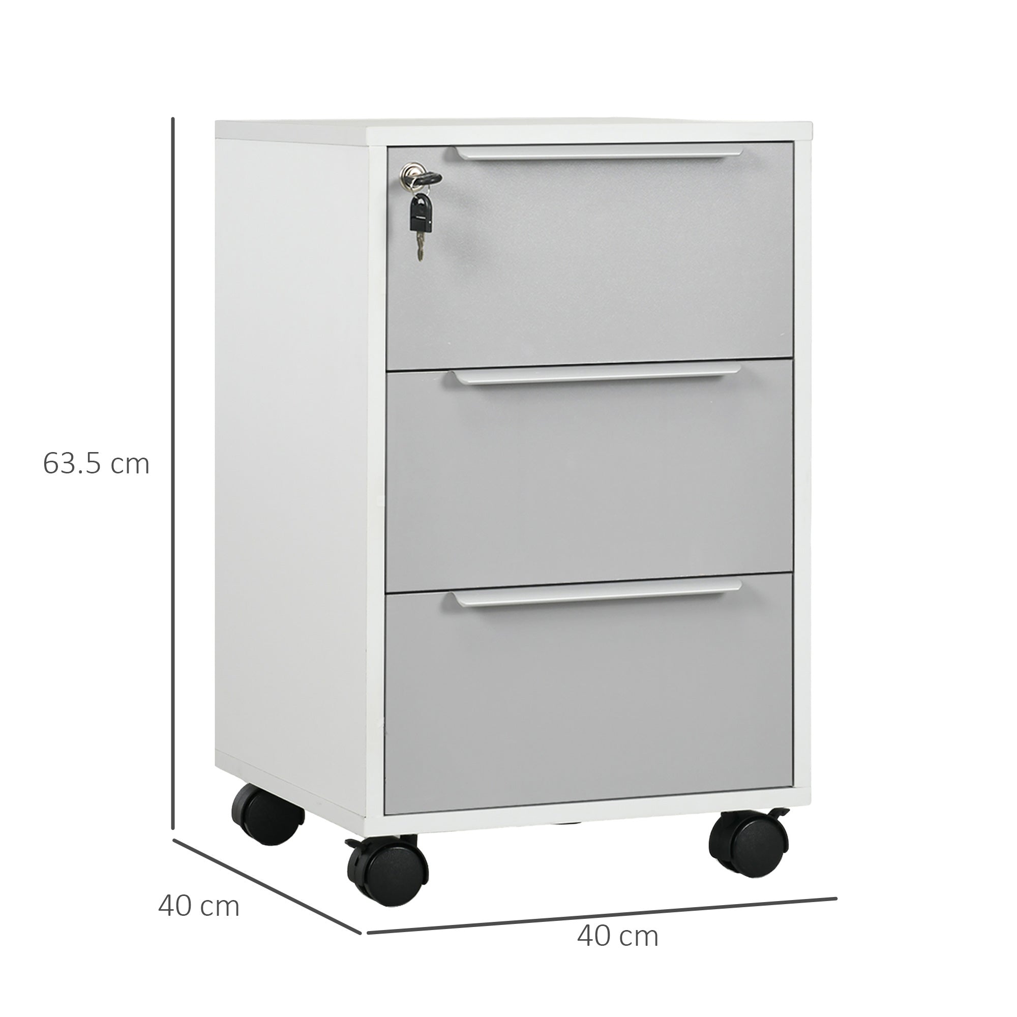 HOMCOM 3-Drawer Lockable Filing Cabinet, File Cabinet on Wheels, Mobile Office Storage Drawers for Home Office, Bedroom and Living room, White and Grey 