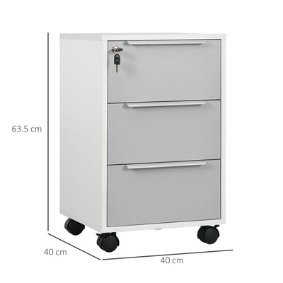 HOMCOM 3-Drawer Lockable Filing Cabinet, File Cabinet on Wheels, Mobile Office Storage Drawers for Home Office, Bedroom and Living room, White and Grey 