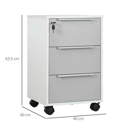 HOMCOM 3-Drawer Lockable Filing Cabinet, File Cabinet on Wheels, Mobile Office Storage Drawers for Home Office, Bedroom and Living room, White and Grey 
