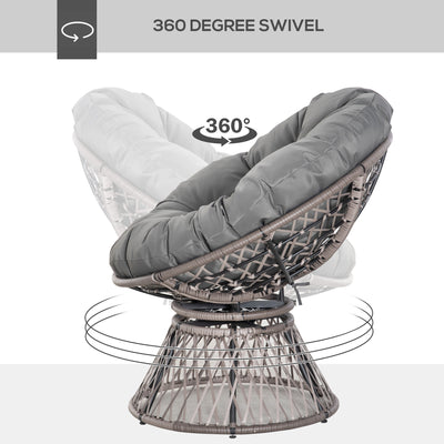 Outsunny 360\'c2\'b0 Swivel Rattan Papasan Moon Bowl Chair Round Lounge Garden Wicker Basket Seat with Padded Cushion Oversized for Outdoor Indoor, Grey 