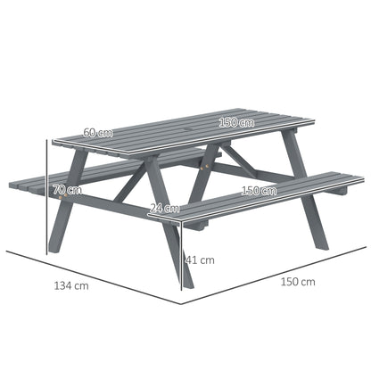 Outsunny 4 Seater Wooden Picnic Table Bench for Outdoor Garden or Patio with Parasol Cutout 150 cm Grey 