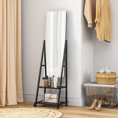 HOMCOM Free Standing Dressing Mirror, Rolling Full Length Mirror on Wheels with Adjustable Angle, Storage Shelves for Bedroom 