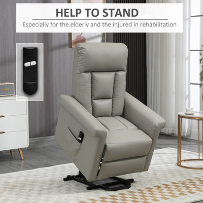 HOMCOM Power Lift Chair, PU Leather Recliner Sofa Chair for Elderly with Remote Control, Side Pocket, Grey 