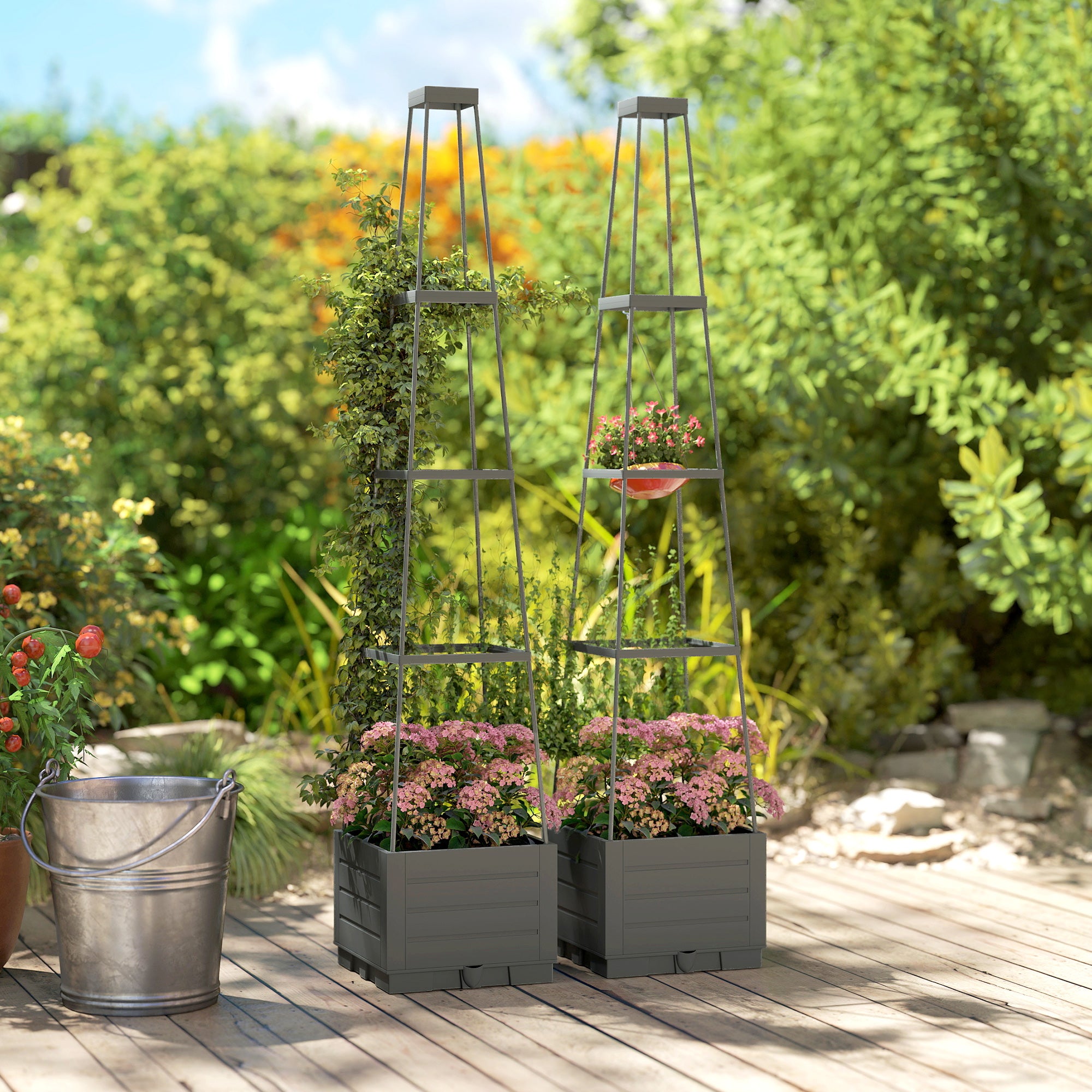 Outsunny 2 Pack Raised Garden Bed with Trellis, Plastic Outdoor Planter Box with Removable Drainage Tray 