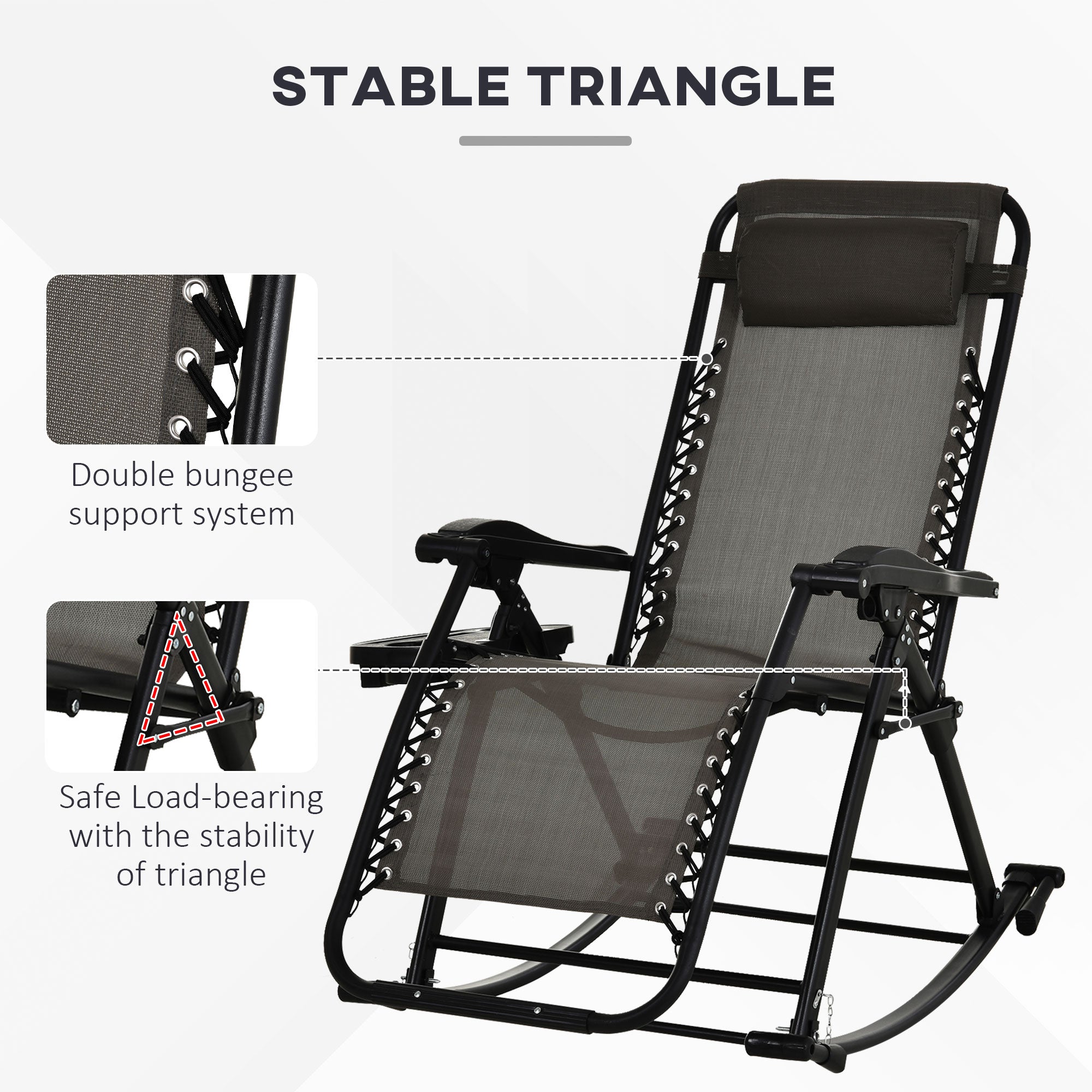 Outsunny Garden Rocking Chair Folding Recliner Outdoor Adjustable Sun Lounger Rocker Zero-Gravity Seat with Headrest Side Holder Patio Deck - Grey 