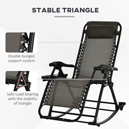Outsunny Garden Rocking Chair Folding Recliner Outdoor Adjustable Sun Lounger Rocker Zero-Gravity Seat with Headrest Side Holder Patio Deck - Grey 