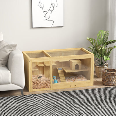 PawHut Wooden Hamster Cage with Water Bottle, Platforms, Openable Roof, Sliding Tray, Hut, Seesaws, Natural Wood Finish 