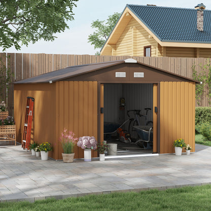 Outsunny 13 x 11ft Metal Garden Shed, Outdoor Storage Tool House with Ventilation Slots, Foundation Kit and Lockable Double Doors, Light Brown 
