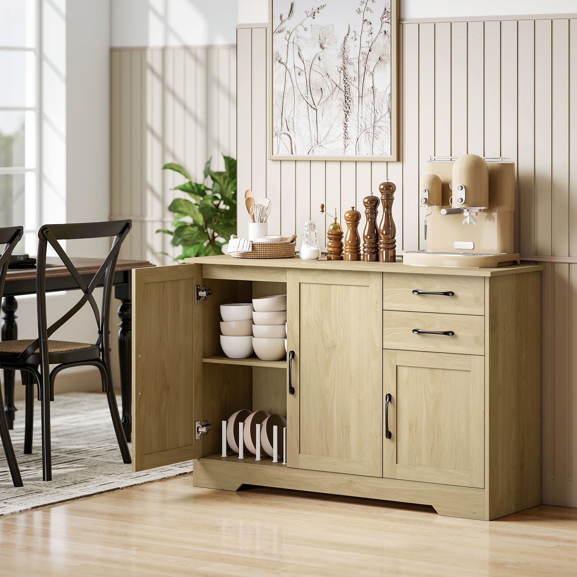 HOMCOM Sideboard with 2 Drawers Modern Storage Cabinet, Kitchen Cupboard with Adjustable Shelf and 3 Doors Natural 