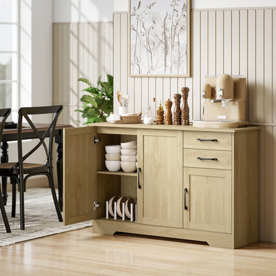 HOMCOM Sideboard with 2 Drawers Modern Storage Cabinet, Kitchen Cupboard with Adjustable Shelf and 3 Doors Natural 