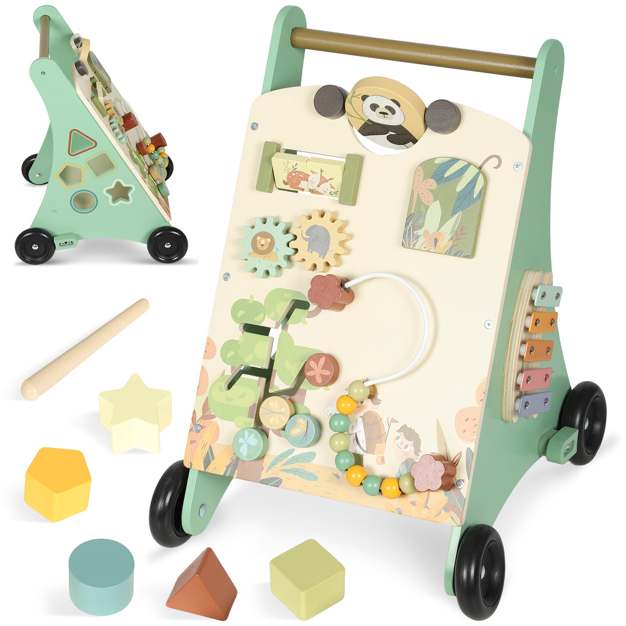 AIYAPLAY Wooden Baby Walker, Push Along Walker Toys with Speed Control, Xylophone, gears and Bead Maze, Green 