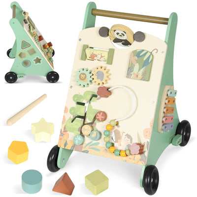 AIYAPLAY Wooden Baby Walker, Push Along Walker Toys with Speed Control, Xylophone, gears and Bead Maze, Green 