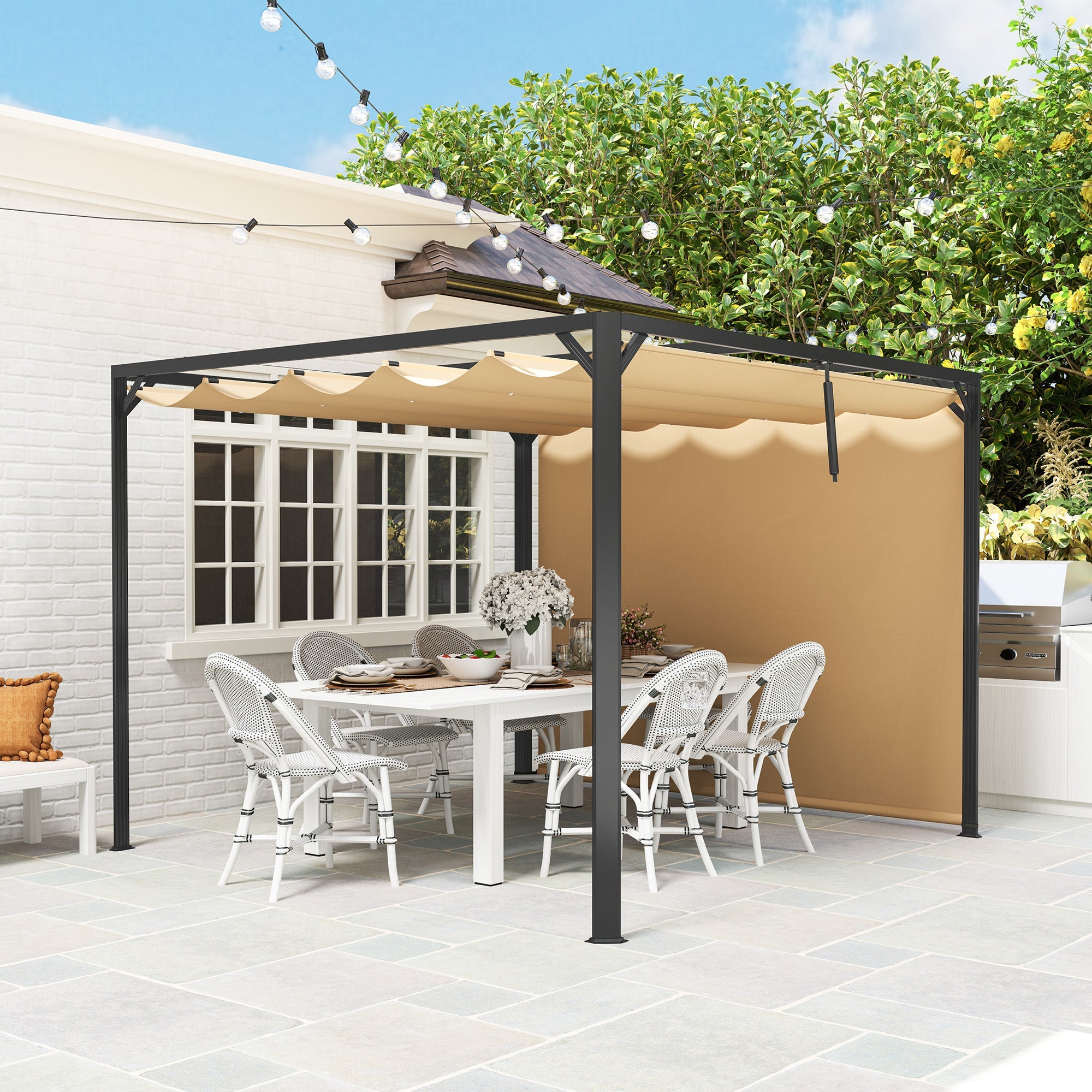 Outsunny 3 x 3m Aluminium Pergola, with Retractable Roof and Wall - Khaki 